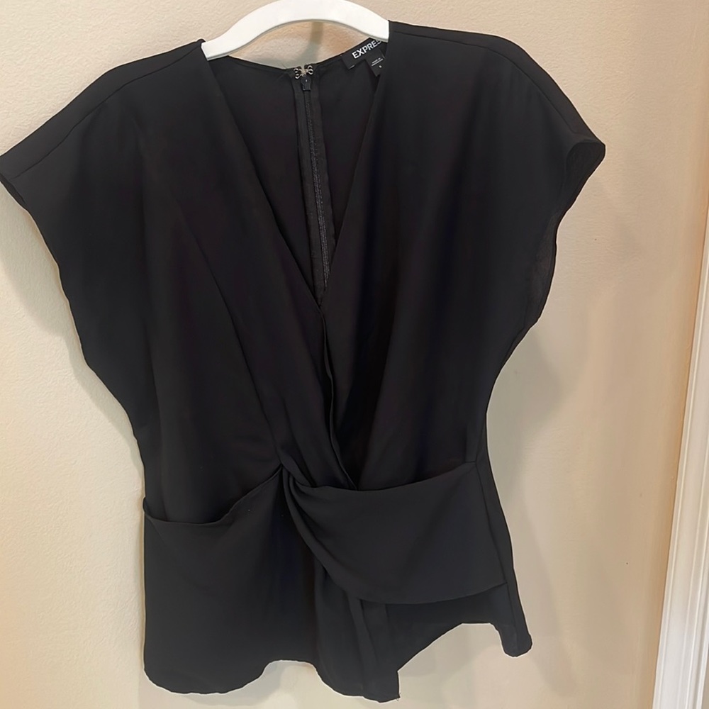 Express Black Twist Front Short Sleeve Sating Top - Size Small - Zipper Back-